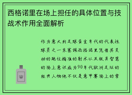 西格诺里在场上担任的具体位置与技战术作用全面解析