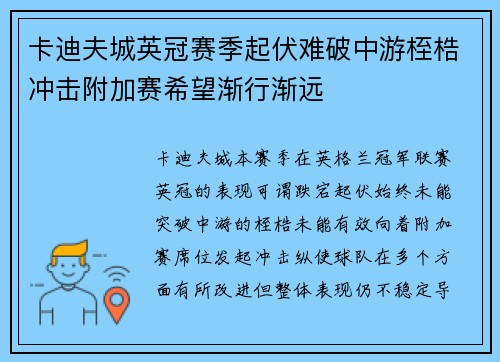 卡迪夫城英冠赛季起伏难破中游桎梏冲击附加赛希望渐行渐远 卡迪夫城英冠赛季起伏难破中游桎梏冲击附加赛希望渐行渐远