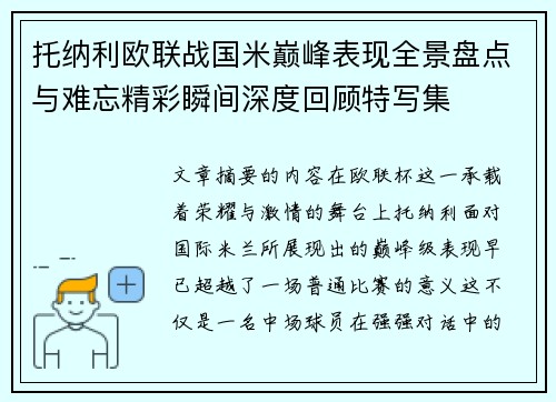 托纳利欧联战国米巅峰表现全景盘点与难忘精彩瞬间深度回顾特写集